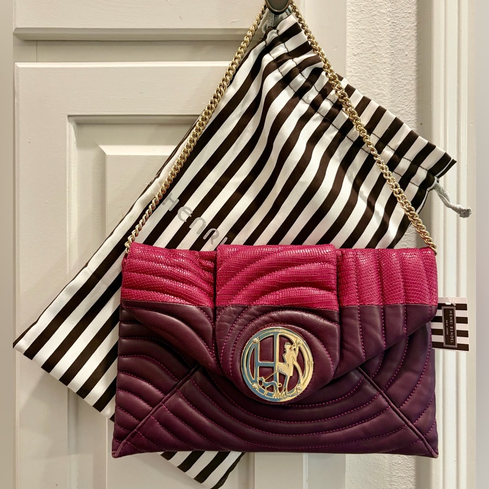 NWT HENRI BENDEL Purple and Fuchsia Quilted Chain Shoulder Bag/Clutch/Gold Chain